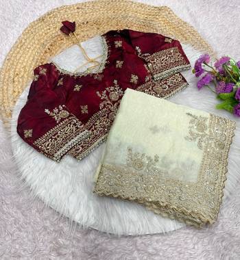 New Designer Fendy Satin Embroidered sequence Work Women's Saree With Blouse Set 7
