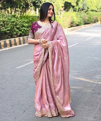 New Designer Fendy Satin Embroidered sequence Work Saree With Blouse Set For Women's 1