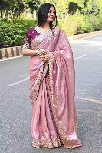 New Designer Fendy Satin Embroidered sequence Work Saree With Blouse Set For Women's