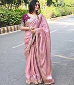 New Designer Fendy Satin Embroidered sequence Work Saree With Blouse Set For Women's