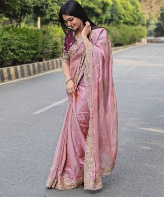 New Designer Fendy Satin Embroidered sequence Work Saree With Blouse Set For Women's 2