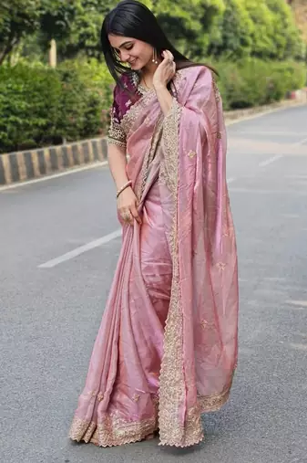 New Designer Fendy Satin Embroidered sequence Work Saree With Blouse Set For Women's