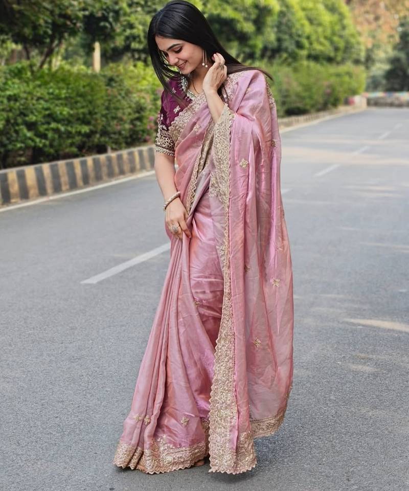 New Designer Fendy Satin Embroidered sequence Work Saree With Blouse Set For Women's