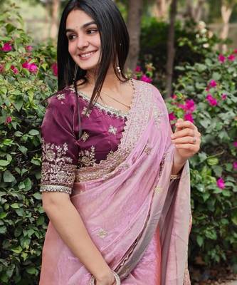 New Designer Fendy Satin Embroidered sequence Work Saree With Blouse Set For Women's 3