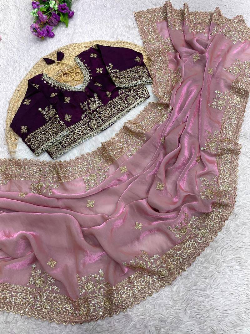 New Designer Fendy Satin Embroidered sequence Work Saree With Blouse Set For Women's