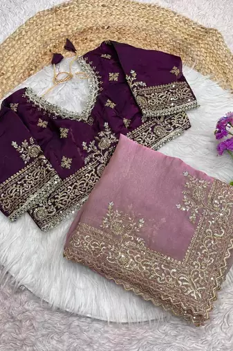 New Designer Fendy Satin Embroidered sequence Work Saree With Blouse Set For Women's