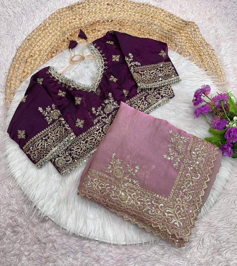 New Designer Fendy Satin Embroidered sequence Work Saree With Blouse Set For Women's