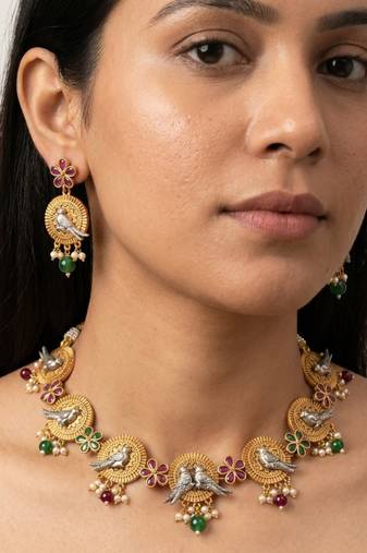 Green & ruby stone, pearl drop traditional jewellery for women