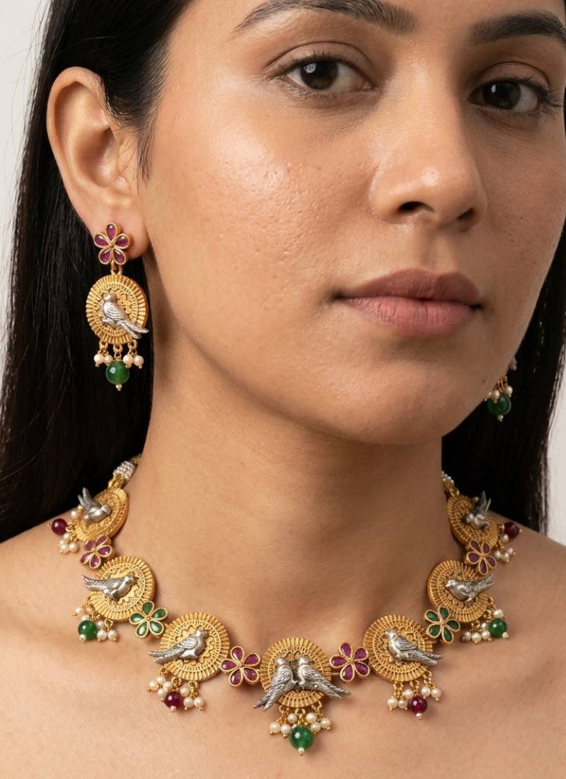 Green & ruby stone, pearl drop traditional jewellery for women