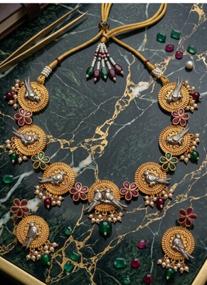 Green & ruby stone, pearl drop traditional jewellery for women 2