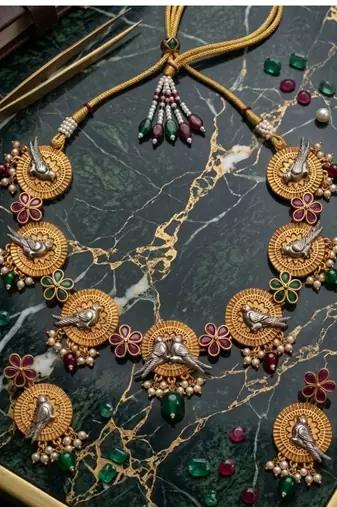 Green & ruby stone, pearl drop traditional jewellery for women