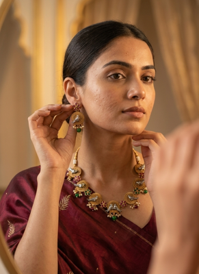Green & ruby stone, pearl drop traditional jewellery for women 3
