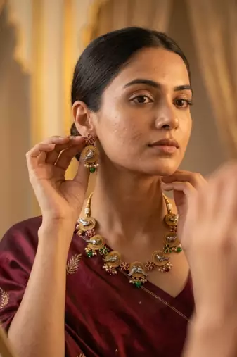 Green & ruby stone, pearl drop traditional jewellery for women