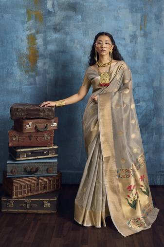 Gray zari tissue handloom weaving saree