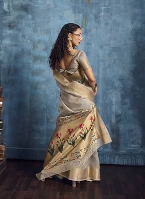 Gray zari tissue handloom weaving saree 2