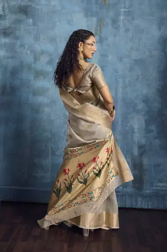 Gray zari tissue handloom weaving saree
