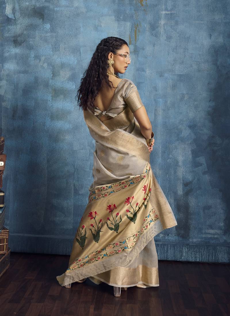 Gray zari tissue handloom weaving saree