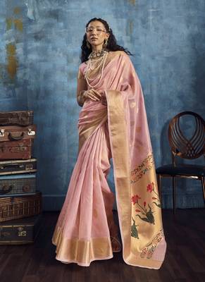 Baby pink zari tissue handloom weaving saree 1