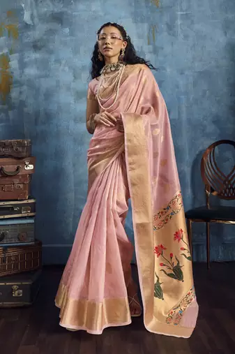 Baby pink zari tissue handloom weaving saree