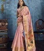 Baby pink zari tissue handloom weaving saree