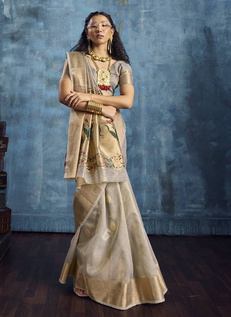 Gray zari tissue handloom weaving saree