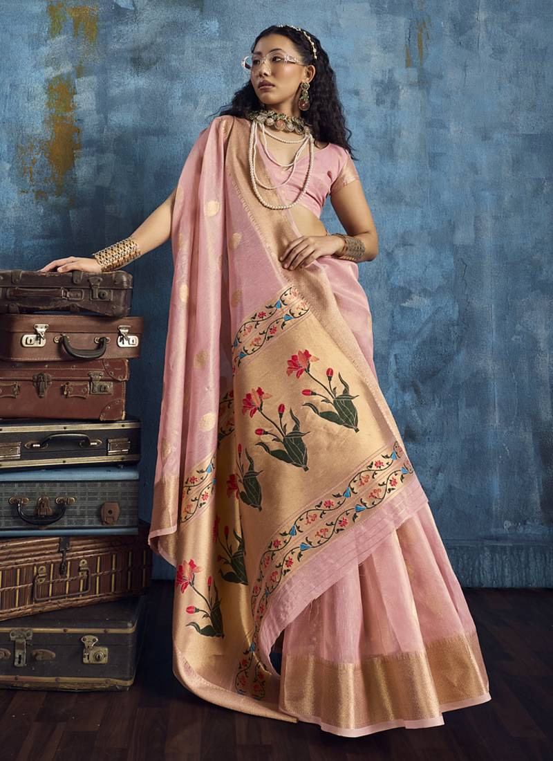 Baby pink zari tissue handloom weaving saree