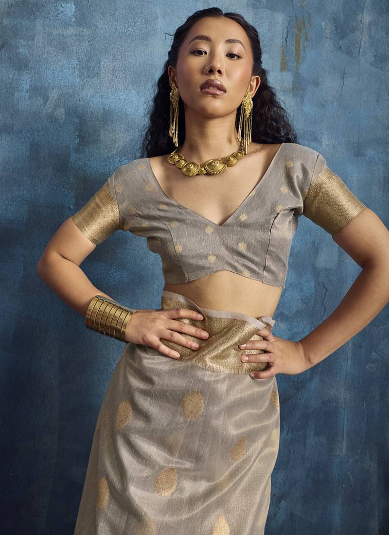 Gray zari tissue handloom weaving saree
