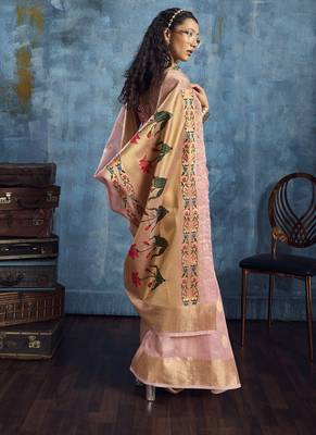 Baby pink zari tissue handloom weaving saree 3