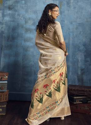 Beige zari tissue handloom weaving saree 3