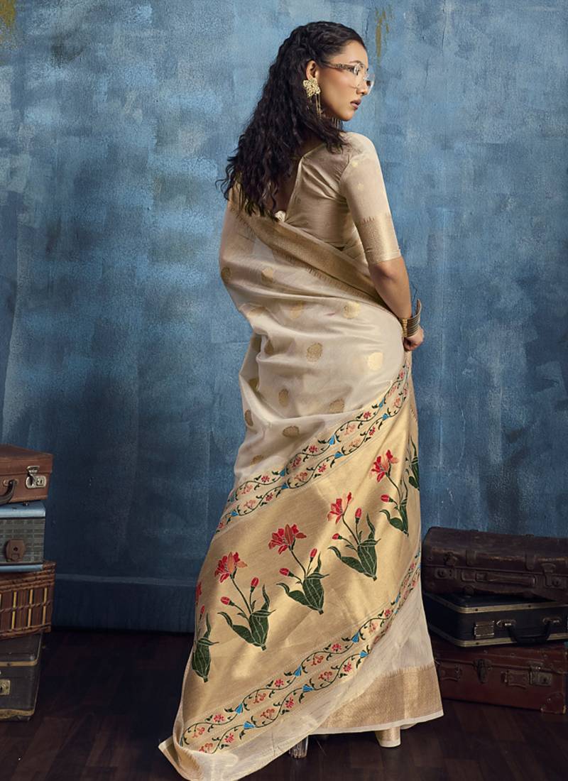 Beige zari tissue handloom weaving saree