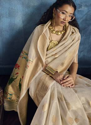 Beige zari tissue handloom weaving saree 4