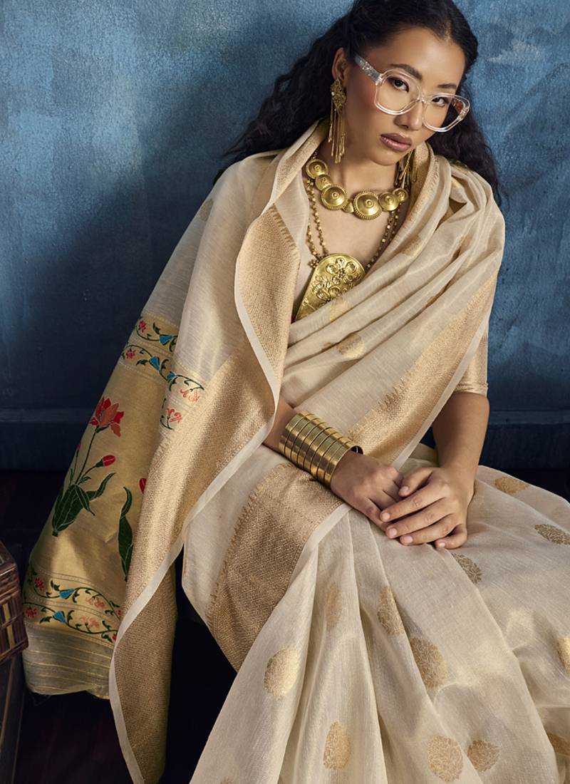 Beige zari tissue handloom weaving saree