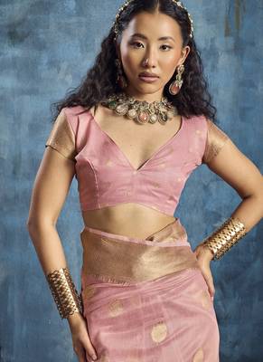 Baby pink zari tissue handloom weaving saree 5