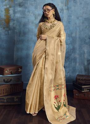 Cream zari tissue handloom weaving saree 1