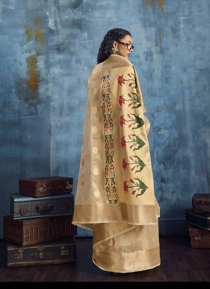 Cream zari tissue handloom weaving saree