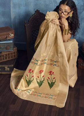 Cream zari tissue handloom weaving saree 3