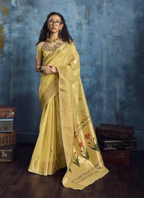Yellow zari tissue handloom weaving saree 1