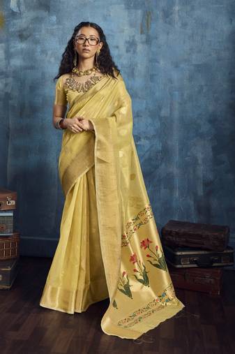 Yellow zari tissue handloom weaving saree