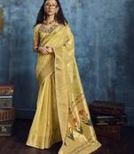 Yellow zari tissue handloom weaving saree
