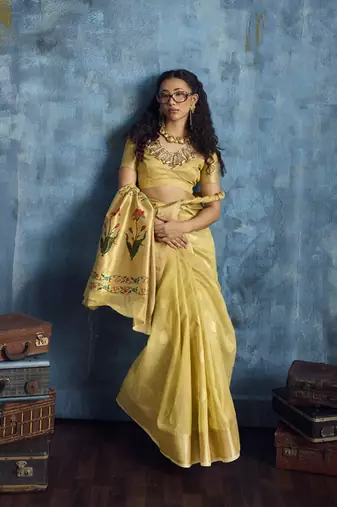 Yellow zari tissue handloom weaving saree