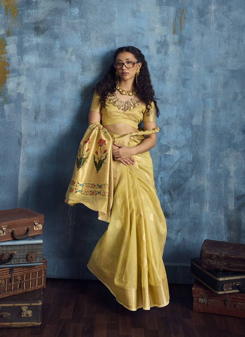 Yellow zari tissue handloom weaving saree