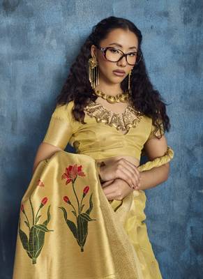 Yellow zari tissue handloom weaving saree 5