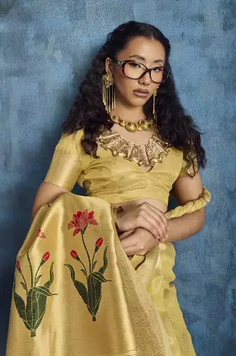 Yellow zari tissue handloom weaving saree