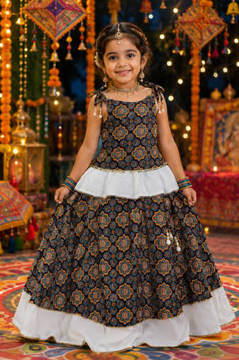 Girls floral cotton navratri lehenga choli set with mirror lace & peplum top