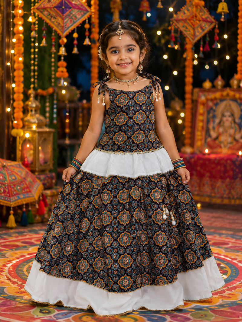 Girls floral cotton navratri lehenga choli set with mirror lace & peplum top