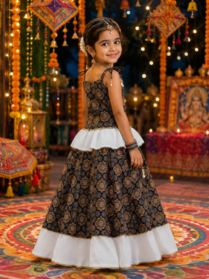 Girls floral cotton navratri lehenga choli set with mirror lace & peplum top 2