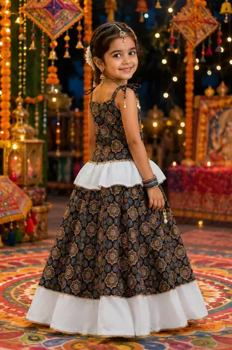 Girls floral cotton navratri lehenga choli set with mirror lace & peplum top