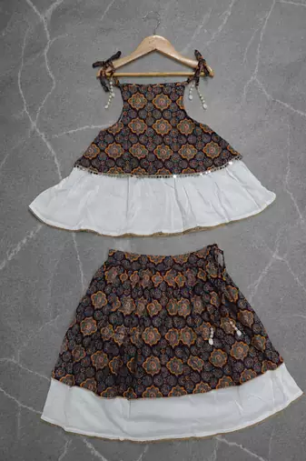 Girls floral cotton navratri lehenga choli set with mirror lace & peplum top