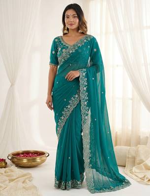 Teal fendy satin party wear saree with embroidered blouse 1
