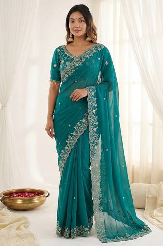 Teal fendy satin party wear saree with embroidered blouse